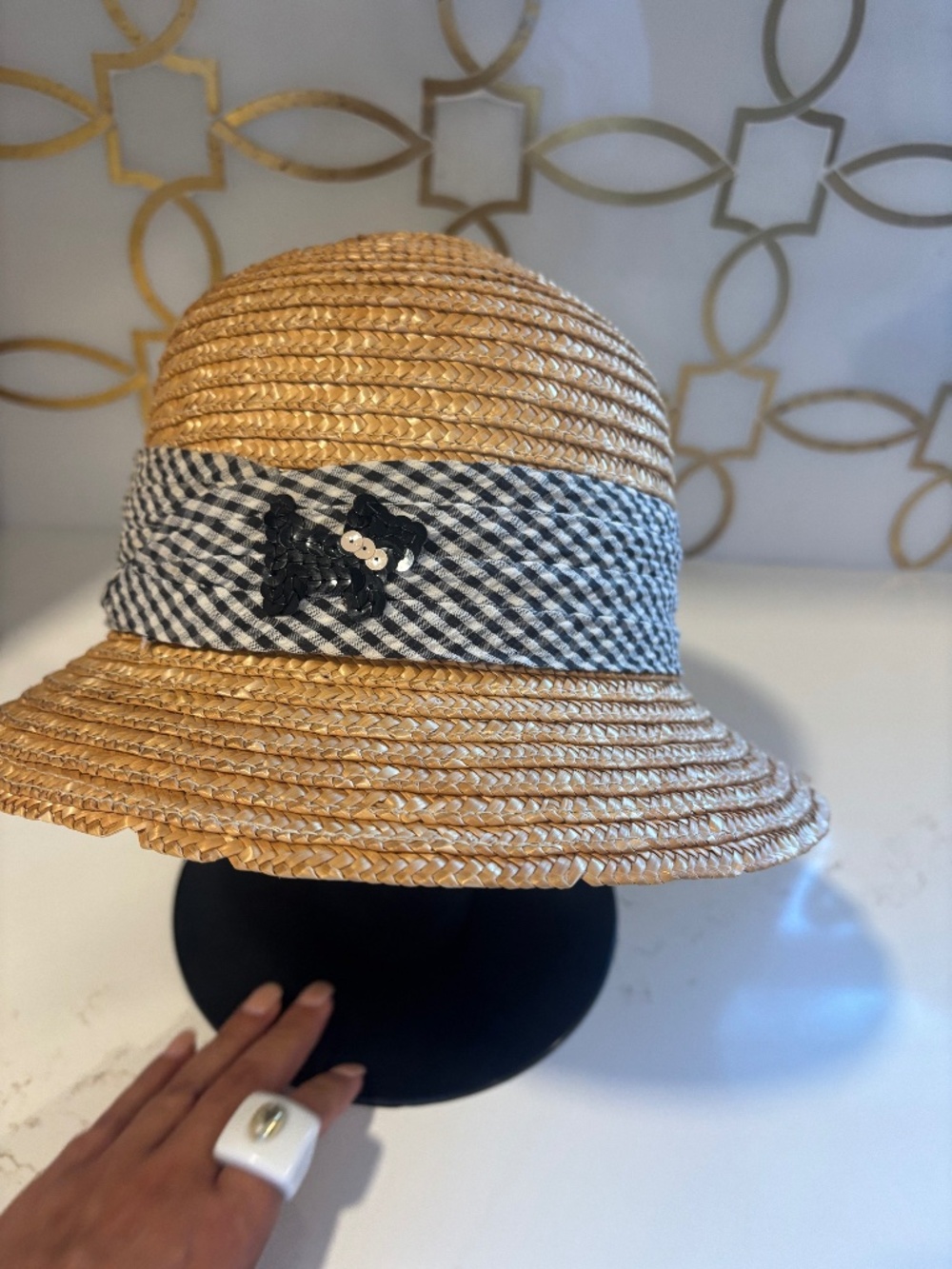 Vtg Straw hat with black-and-white gingham, ribbon, and sequin dog